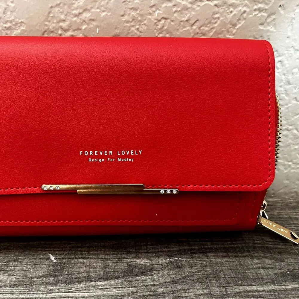 Wallet Clutch Forever Lovely Design Madley Red Faux Leather Crossbody Purse NWOT